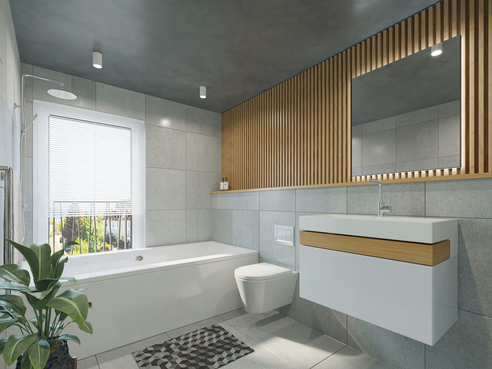 Contemporary bathroom in wood and stone